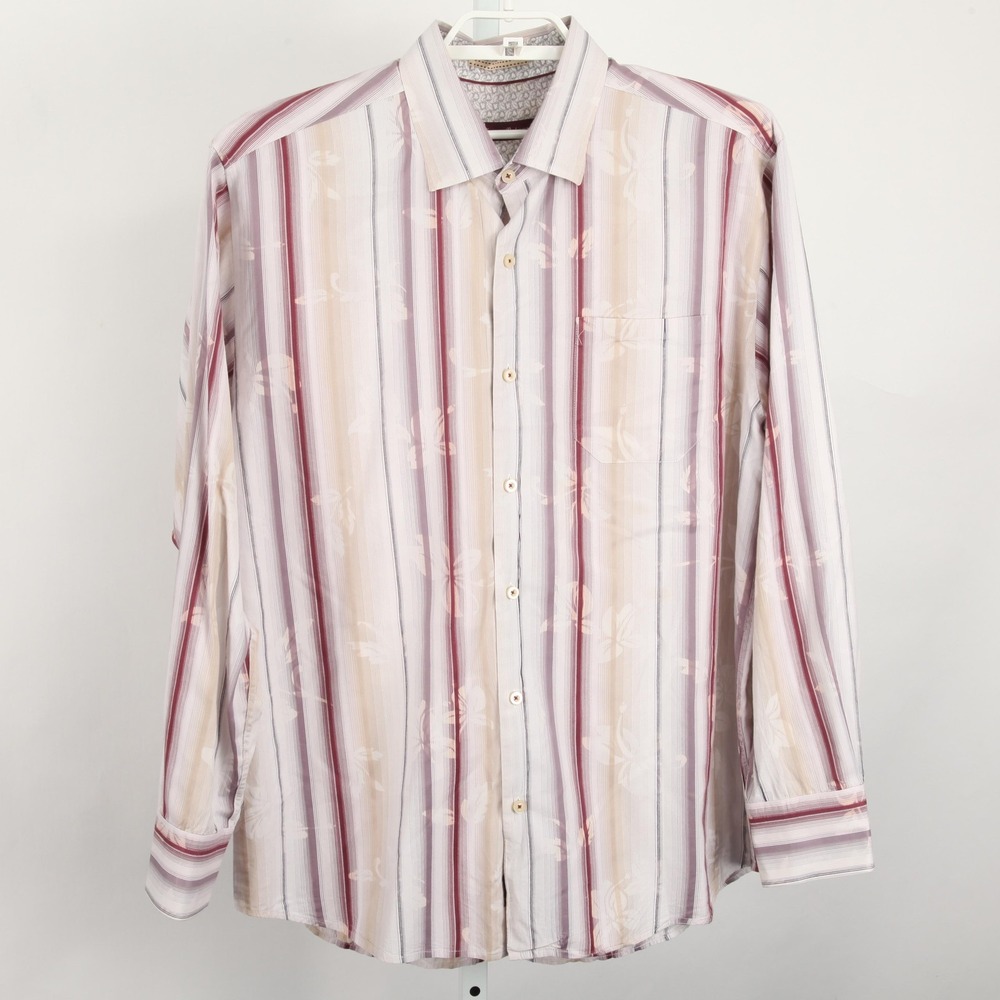 Tommy Bahama Shirt Mens XL Beige Pink Striped Floral Cotton Silk Long Sleeve - Picture 2 of 10
